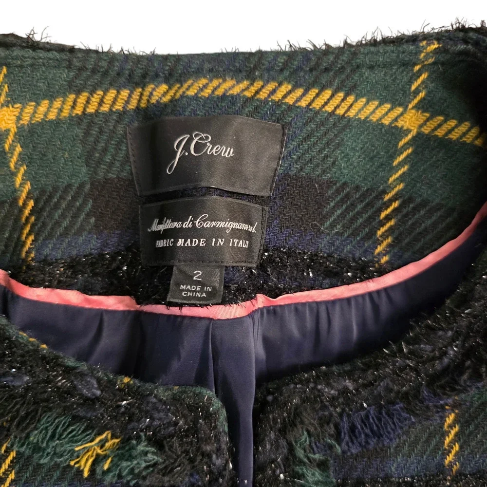 J. Crew Lady Jacket in Lurex Black Watch Plaid Size 2 AE993 xs green yellow blue